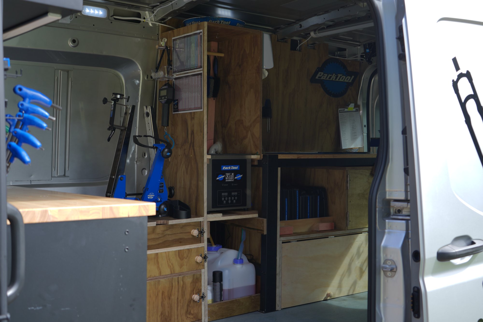 Mobile bike workshop interior – fully equipped bike repair van Auckland